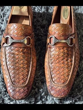 Magnanni Men’s Woven Leather Bit Loafers in Cognac Brown Size 9.5